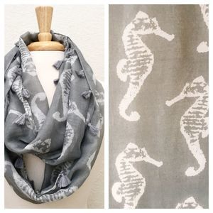 Seahorse Print Tassel Trimmed Lightweight Gray Infinity Scarf NWT
